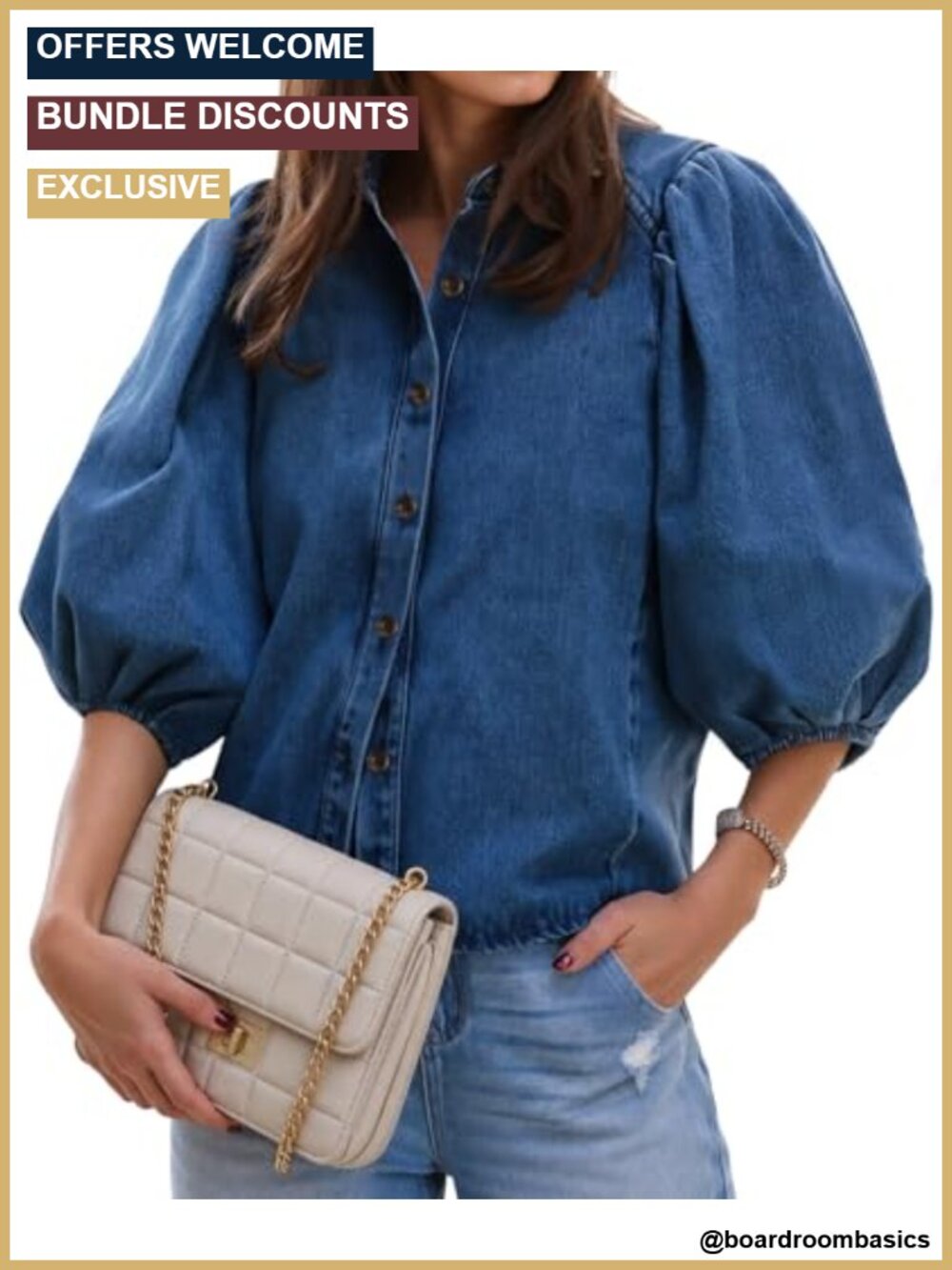 Women's Denim Button Down Shirt with Puff Short Sleeves